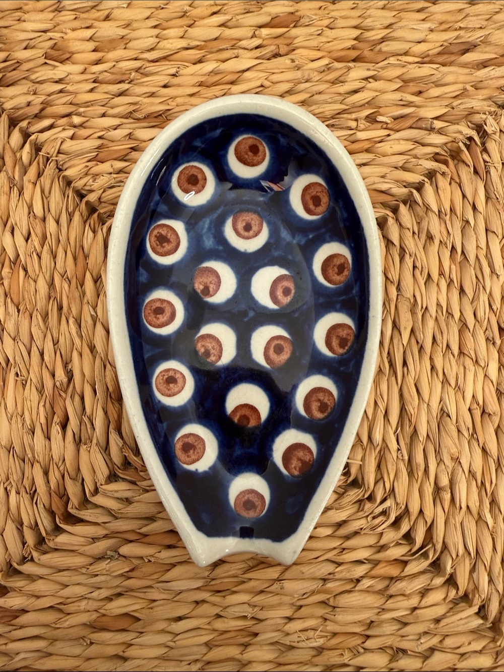 Boleslawiec Polish Pottery Spoon Rest in Navy Brown and White